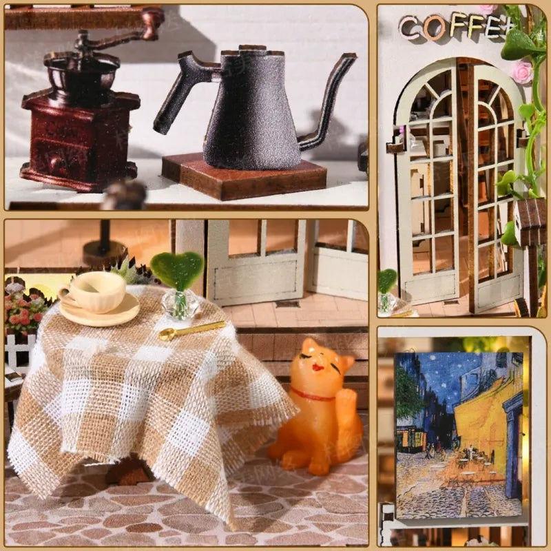 Book Nook - Coffee Garden, un kit créatif pour construire un diorama miniature. Parfait pour décorer une bibliothèque ou comme cadeau original pour un amoureux des livres. Par Nookette.