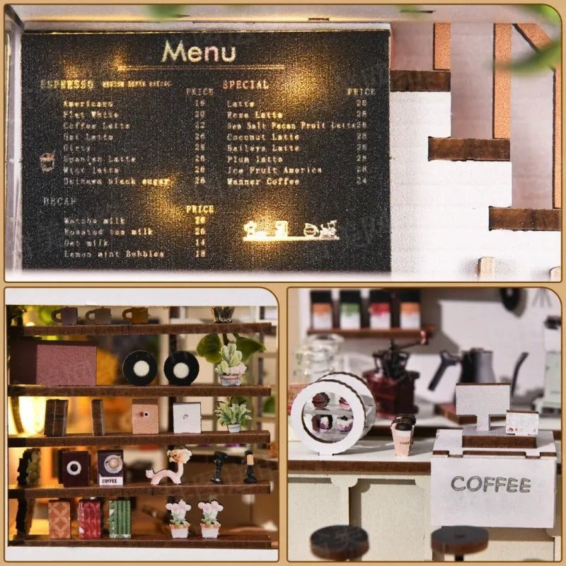 Book Nook - Coffee Garden, un kit créatif pour construire un diorama miniature. Parfait pour décorer une bibliothèque ou comme cadeau original pour un amoureux des livres. Par Nookette.