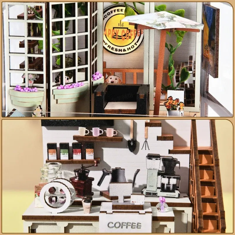Book Nook - Coffee Garden, un kit créatif pour construire un diorama miniature. Parfait pour décorer une bibliothèque ou comme cadeau original pour un amoureux des livres. Par Nookette.