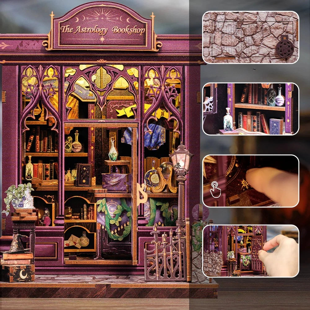Book Nook - The Astrology Bookshop, un kit créatif pour construire un diorama miniature. Parfait pour décorer une bibliothèque ou comme cadeau original pour un amoureux des livres. Par Nookette.