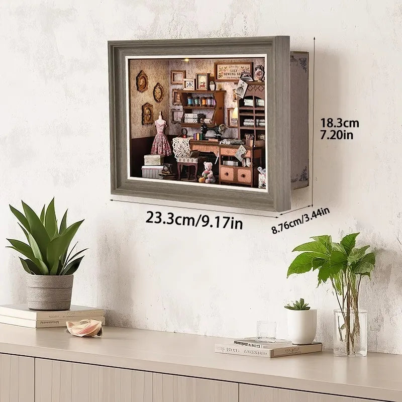 Book Nook Kit - Lily Sewing Shop avec dimensions détaillées