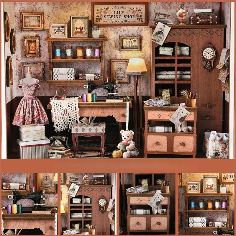 Gros plan du Book Nook Kit - Lily Sewing Shop avec des détails riches et impressionnants