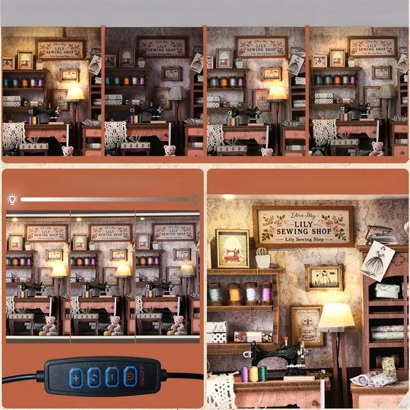 Vue détaillée d'un élément décoratif du Book Nook Kit - Lily Sewing Shop avec des détails fins