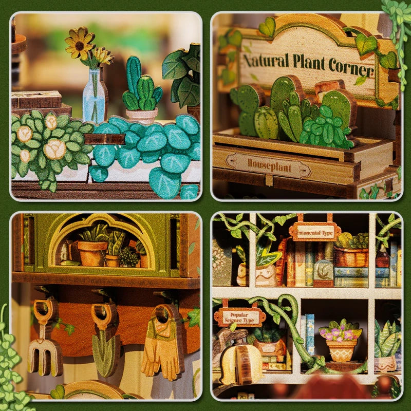Book Nook - Green Life Bookshop, un kit créatif pour construire un diorama miniature. Parfait pour décorer une bibliothèque ou comme cadeau original pour un amoureux des livres. Par Nookette.