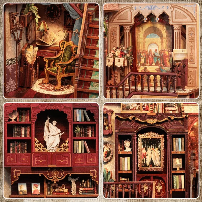 Book Nook - Library of Wisdom, un kit créatif pour construire un diorama miniature. Parfait pour décorer une bibliothèque ou comme cadeau original pour un amoureux des livres. Par Nookette.