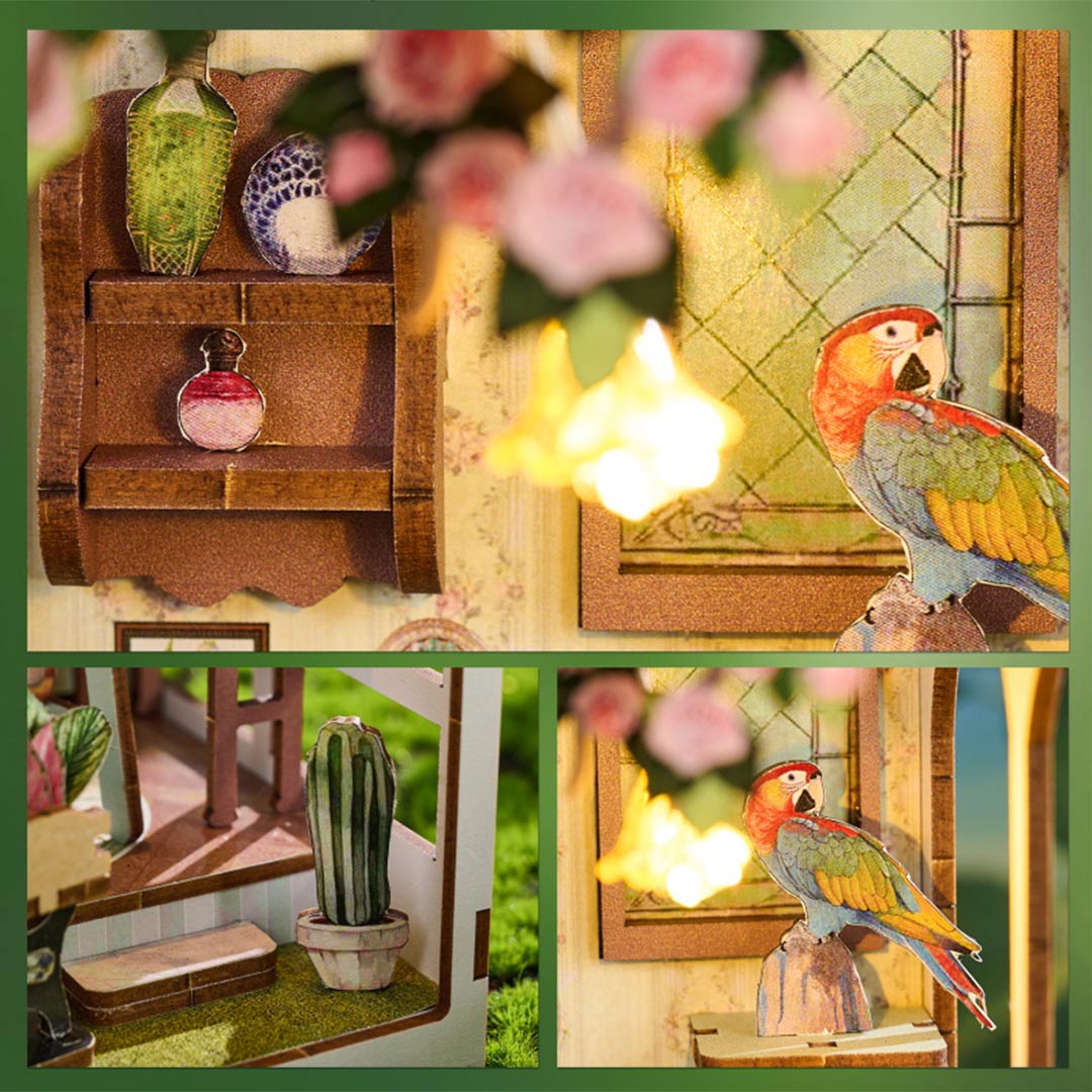Book Nook - Lucky Flower House, un kit créatif pour construire un diorama miniature. Parfait pour décorer une bibliothèque ou comme cadeau original pour un amoureux des livres. Par Nookette.