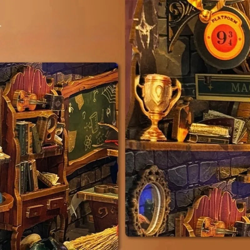 Book Nook - Magic Academy, un kit créatif pour construire un diorama miniature. Parfait pour décorer une bibliothèque ou comme cadeau original pour un amoureux des livres. Par Nookette.