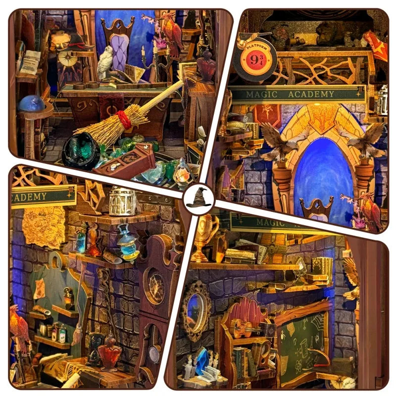 Book Nook - Magic Academy, un kit créatif pour construire un diorama miniature. Parfait pour décorer une bibliothèque ou comme cadeau original pour un amoureux des livres. Par Nookette.