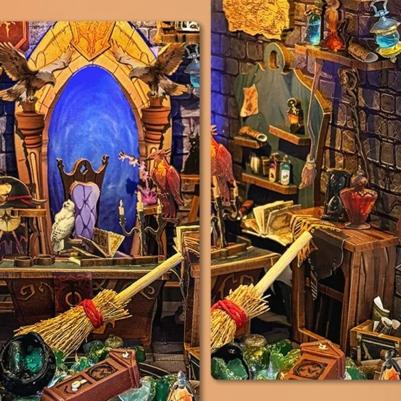 Book Nook - Magic Academy, un kit créatif pour construire un diorama miniature. Parfait pour décorer une bibliothèque ou comme cadeau original pour un amoureux des livres. Par Nookette.