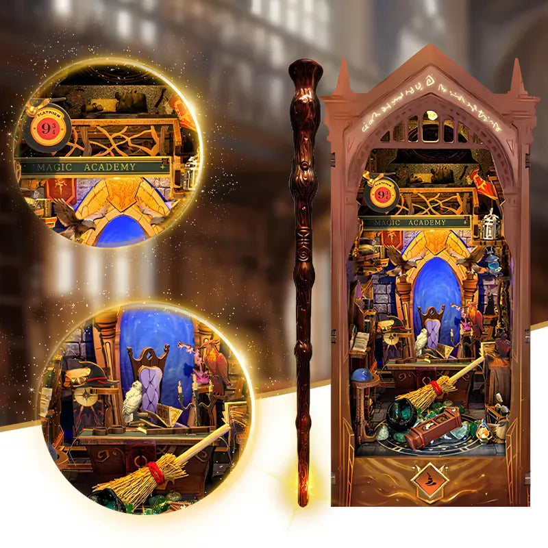 Book Nook - Magic Academy, un kit créatif pour construire un diorama miniature. Parfait pour décorer une bibliothèque ou comme cadeau original pour un amoureux des livres. Par Nookette.
