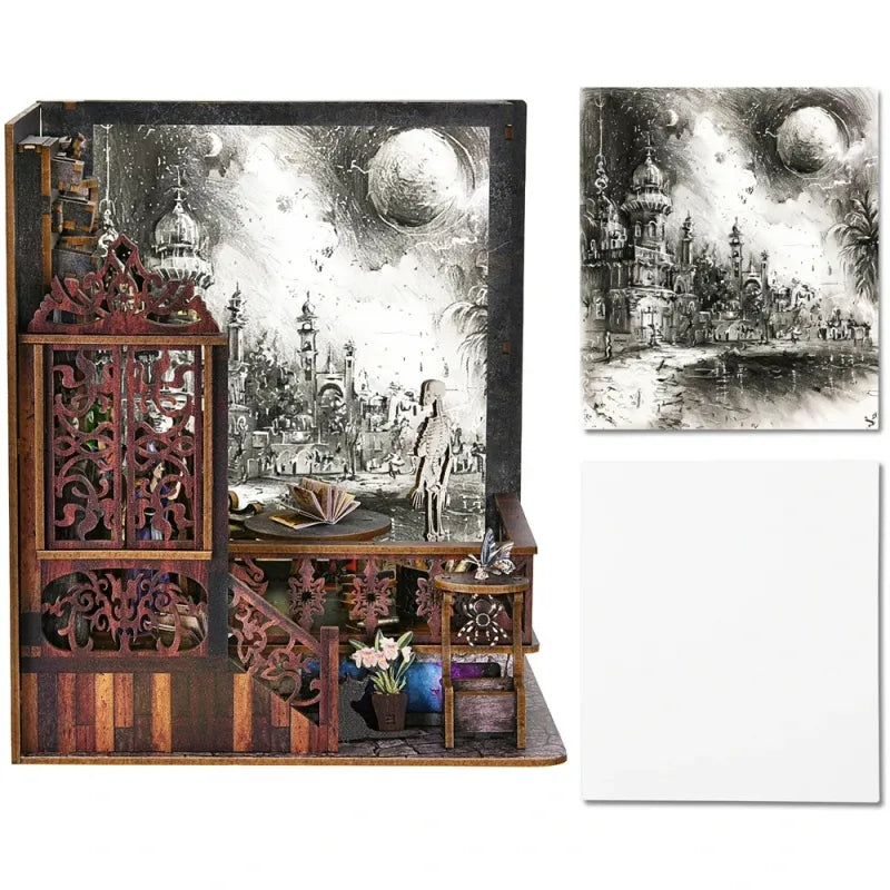 Book Nook - Magic Exploration, un kit créatif pour construire un diorama miniature. Parfait pour décorer une bibliothèque ou comme cadeau original pour un amoureux des livres. Par Nookette.