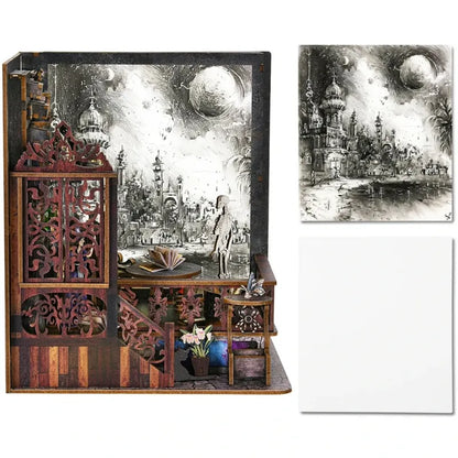 Book Nook - Magic Exploration, un kit créatif pour construire un diorama miniature. Parfait pour décorer une bibliothèque ou comme cadeau original pour un amoureux des livres. Par Nookette.