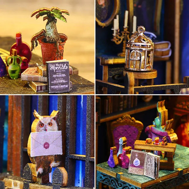 Book Nook - Magic Market, un kit créatif pour construire un diorama miniature. Parfait pour décorer une bibliothèque ou comme cadeau original pour un amoureux des livres. Par Nookette.