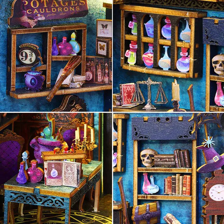 Book Nook - Magic Market, un kit créatif pour construire un diorama miniature. Parfait pour décorer une bibliothèque ou comme cadeau original pour un amoureux des livres. Par Nookette.