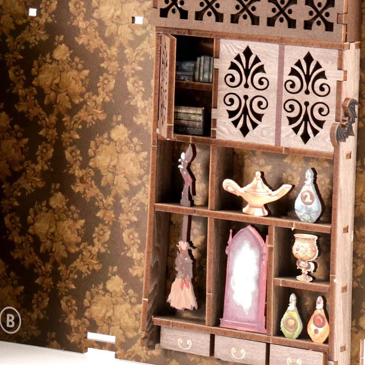 Book Nook - Magic Night, un kit créatif pour construire un diorama miniature. Parfait pour décorer une bibliothèque ou comme cadeau original pour un amoureux des livres. Par Nookette.