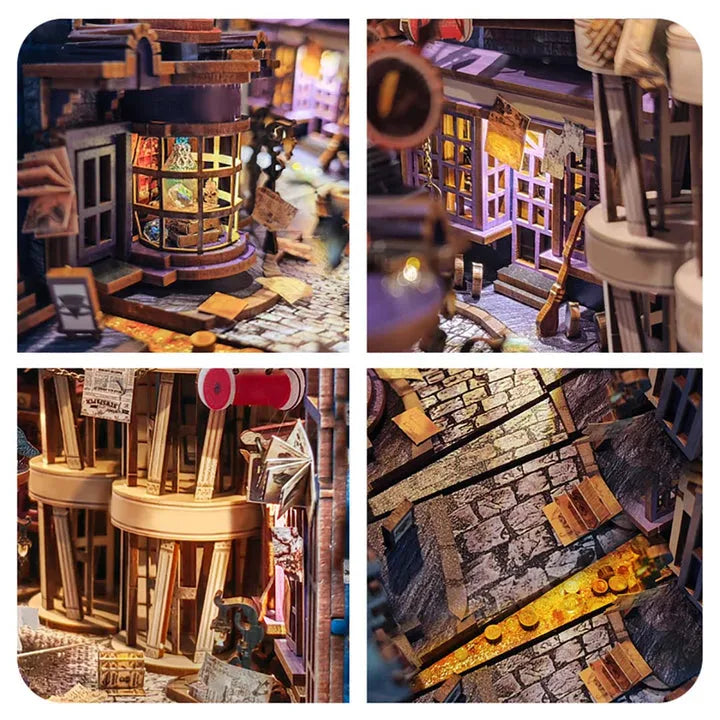 Book Nook - Magic Night Alley, un kit créatif pour construire un diorama miniature. Parfait pour décorer une bibliothèque ou comme cadeau original pour un amoureux des livres. Par Nookette.