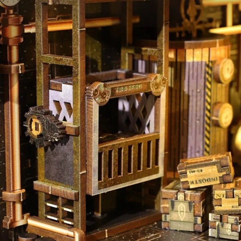 Book Nook - Mechanical Rhythm, un kit créatif pour construire un diorama miniature. Parfait pour décorer une bibliothèque ou comme cadeau original pour un amoureux des livres. Par Nookette.