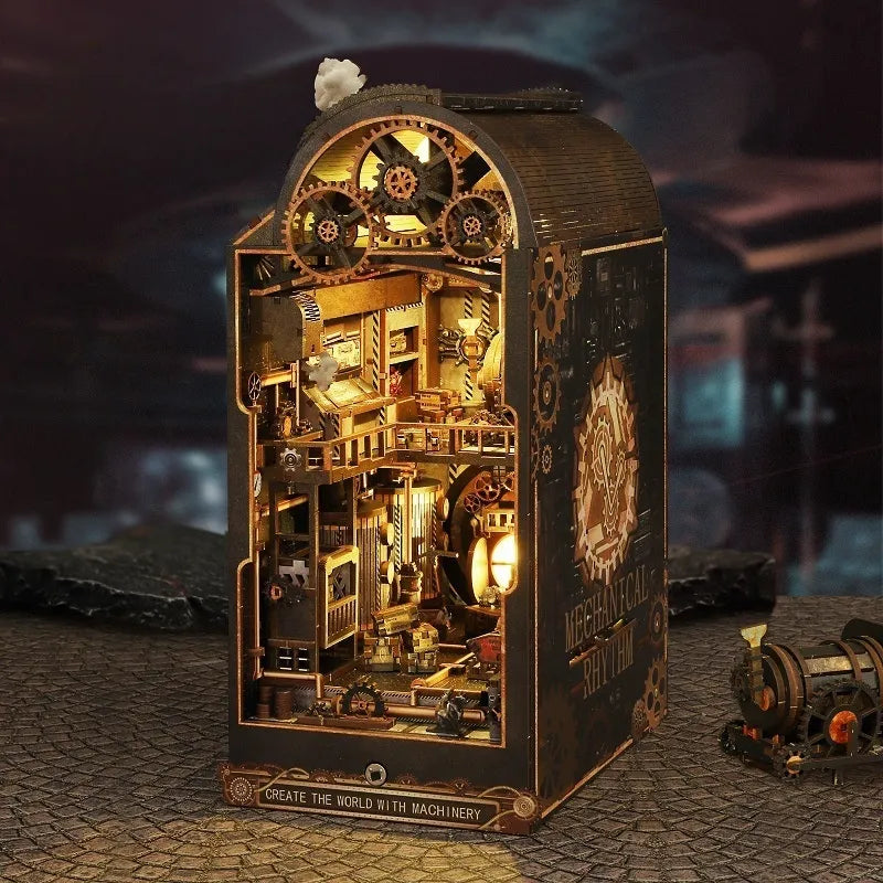 Book Nook - Mechanical Rhythm, un kit créatif pour construire un diorama miniature. Parfait pour décorer une bibliothèque ou comme cadeau original pour un amoureux des livres. Par Nookette.