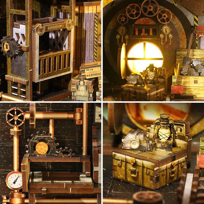 Book Nook - Mechanical Rhythm, un kit créatif pour construire un diorama miniature. Parfait pour décorer une bibliothèque ou comme cadeau original pour un amoureux des livres. Par Nookette.