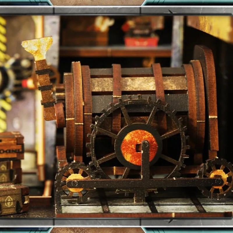 Book Nook - Mechanical Rhythm, un kit créatif pour construire un diorama miniature. Parfait pour décorer une bibliothèque ou comme cadeau original pour un amoureux des livres. Par Nookette.