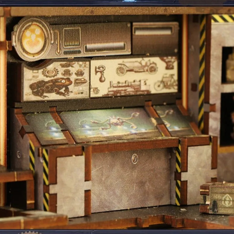 Book Nook - Mechanical Rhythm, un kit créatif pour construire un diorama miniature. Parfait pour décorer une bibliothèque ou comme cadeau original pour un amoureux des livres. Par Nookette.