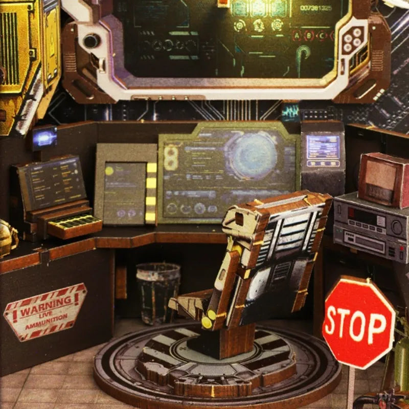 Book Nook - Military Base, un kit créatif pour construire un diorama miniature. Parfait pour décorer une bibliothèque ou comme cadeau original pour un amoureux des livres. Par Nookette.