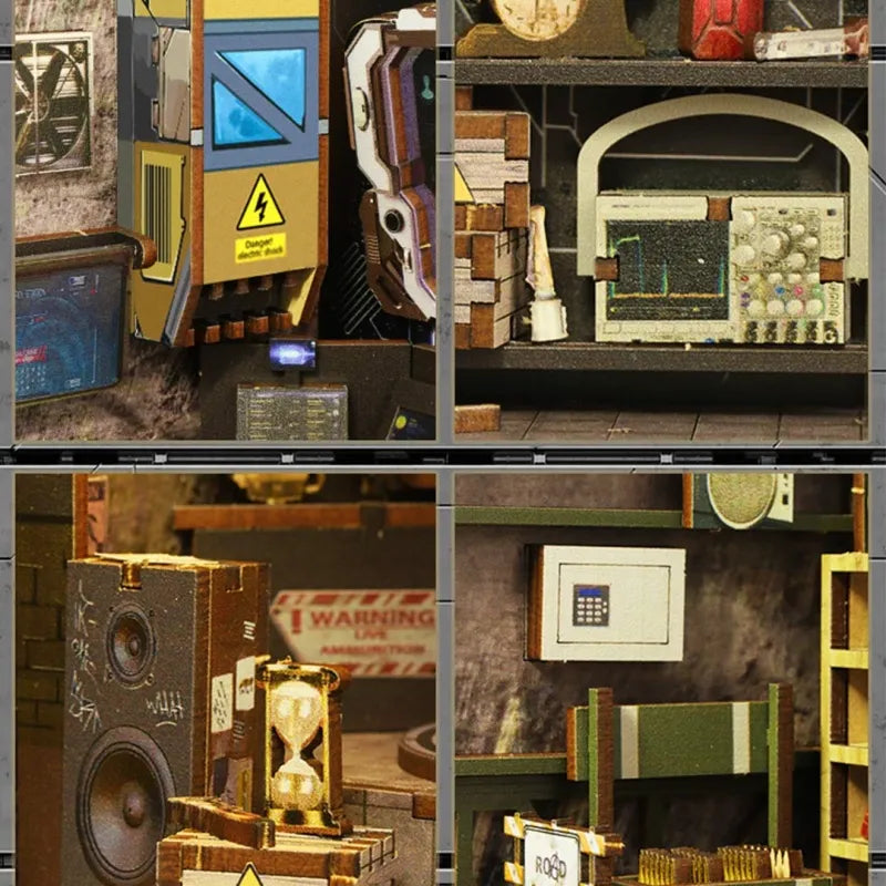 Book Nook - Military Base, un kit créatif pour construire un diorama miniature. Parfait pour décorer une bibliothèque ou comme cadeau original pour un amoureux des livres. Par Nookette.