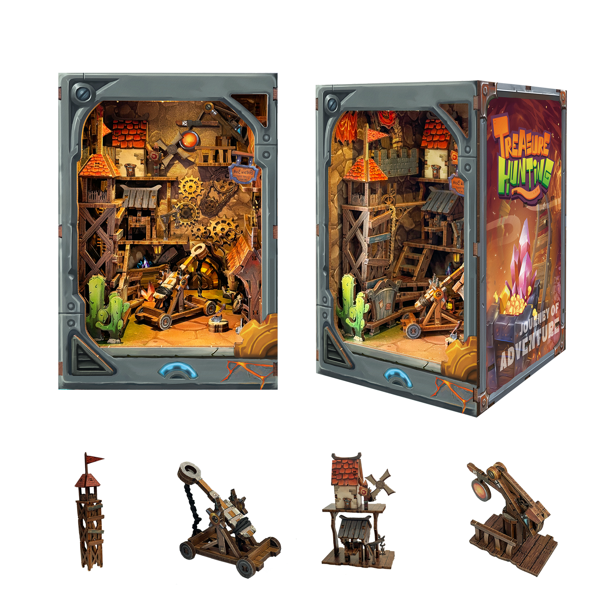 Book Nook - Mining Zone Fortress, un kit créatif pour construire un diorama miniature. Parfait pour décorer une bibliothèque ou comme cadeau original pour un amoureux des livres. Par Nookette.