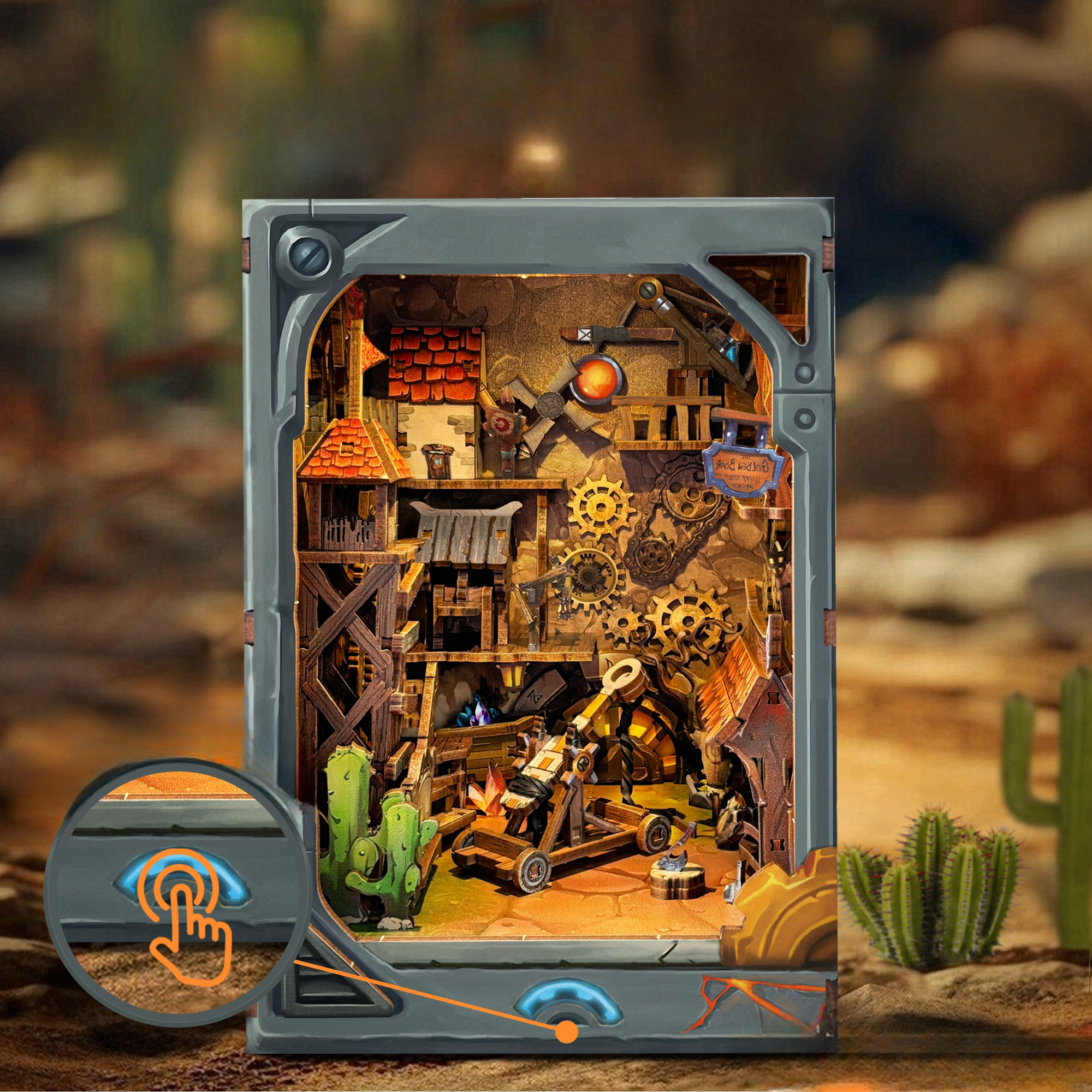 Book Nook - Mining Zone Fortress, un kit créatif pour construire un diorama miniature. Parfait pour décorer une bibliothèque ou comme cadeau original pour un amoureux des livres. Par Nookette.