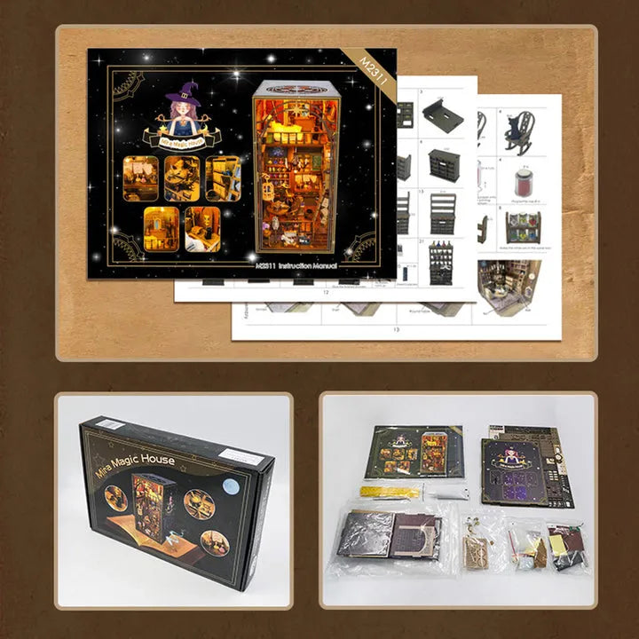 Booknook - Mira's Magic House, un kit créatif pour construire un diorama miniature. Parfait pour décorer une bibliothèque ou comme cadeau original pour un amoureux des livres. Par Nookette.