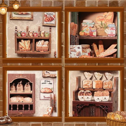 Maison Miniature - Mrs. Hunt Bakery, un kit créatif pour construire un diorama miniature. Parfait pour décorer une bibliothèque ou comme cadeau original pour un amoureux des livres. Par Nookette.