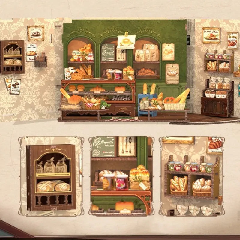 Maison Miniature - Mrs. Hunt Bakery, un kit créatif pour construire un diorama miniature. Parfait pour décorer une bibliothèque ou comme cadeau original pour un amoureux des livres. Par Nookette.
