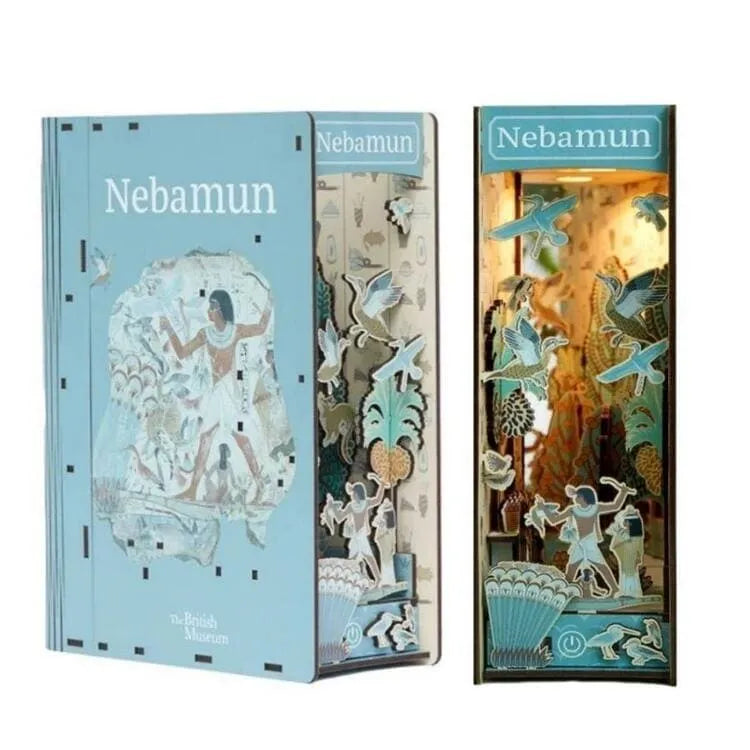 Booknook - Nebamun's Garden, un kit créatif pour construire un diorama miniature. Parfait pour décorer une bibliothèque ou comme cadeau original pour un amoureux des livres. Par Nookette.