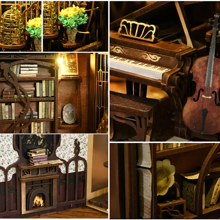 Booknook - Nightingale Harp Room, un kit créatif pour construire un diorama miniature. Parfait pour décorer une bibliothèque ou comme cadeau original pour un amoureux des livres. Par Nookette.