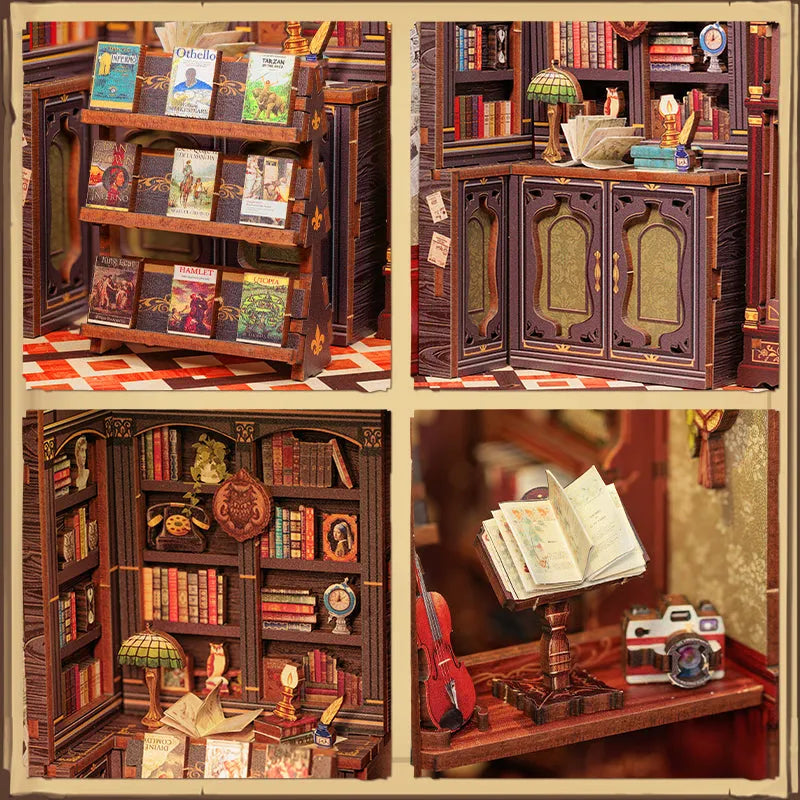 Book Nook - Owl Bookstore, un kit créatif pour construire un diorama miniature. Parfait pour décorer une bibliothèque ou comme cadeau original pour un amoureux des livres. Par Nookette.