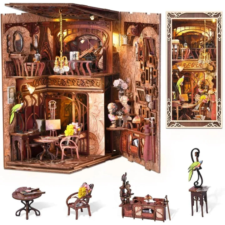 Book Nook - Painter's Day At Dusk, un kit créatif pour construire un diorama miniature. Parfait pour décorer une bibliothèque ou comme cadeau original pour un amoureux des livres. Par Nookette.