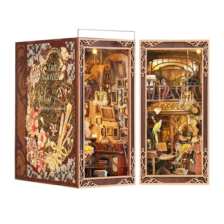 Book Nook - Painter's Day At Dusk, un kit créatif pour construire un diorama miniature. Parfait pour décorer une bibliothèque ou comme cadeau original pour un amoureux des livres. Par Nookette.