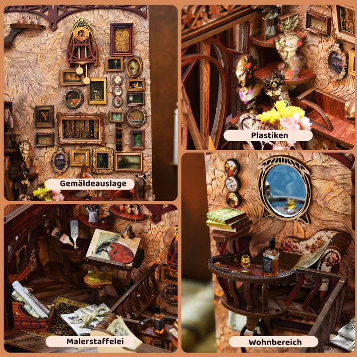Book Nook - Painter's Day At Dusk, un kit créatif pour construire un diorama miniature. Parfait pour décorer une bibliothèque ou comme cadeau original pour un amoureux des livres. Par Nookette.