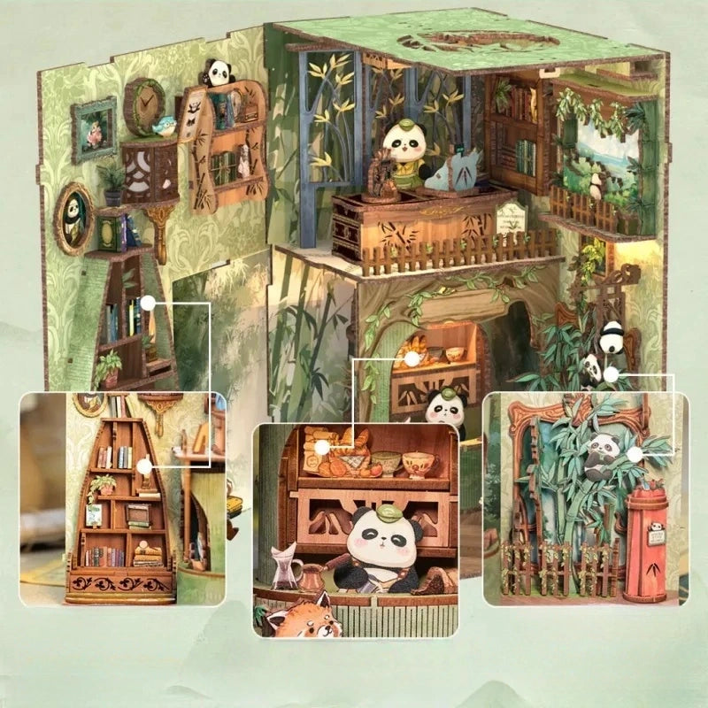 Book Nook - Panda Bookshop, un kit créatif pour construire un diorama miniature. Parfait pour décorer une bibliothèque ou comme cadeau original pour un amoureux des livres. Par Nookette.