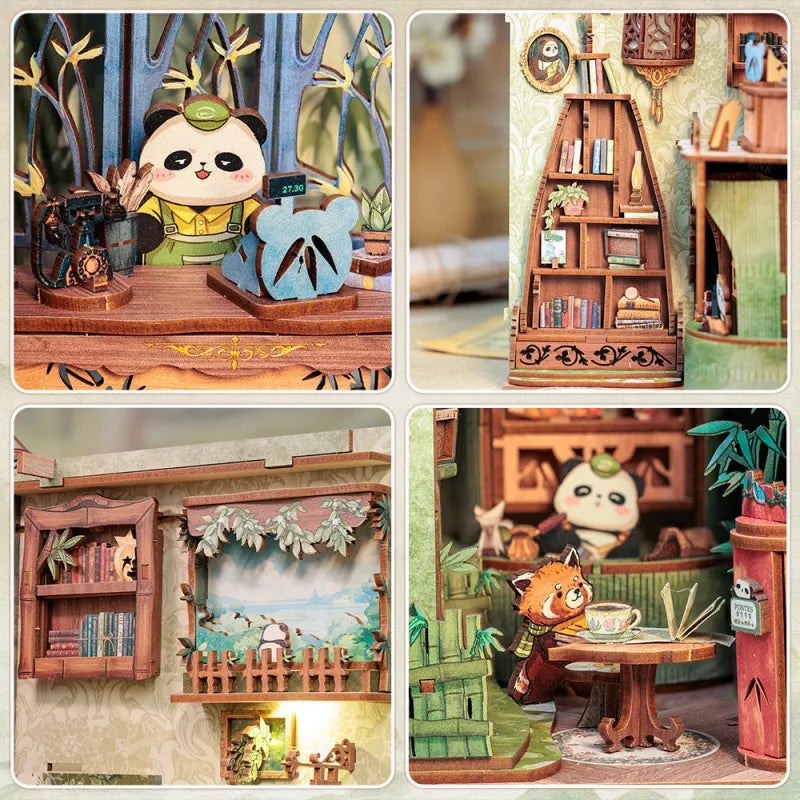 Book Nook - Panda Bookshop, un kit créatif pour construire un diorama miniature. Parfait pour décorer une bibliothèque ou comme cadeau original pour un amoureux des livres. Par Nookette.