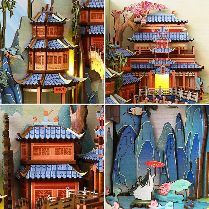 Book Nook - Penglai Wonderland, un kit créatif pour construire un diorama miniature. Parfait pour décorer une bibliothèque ou comme cadeau original pour un amoureux des livres. Par Nookette.