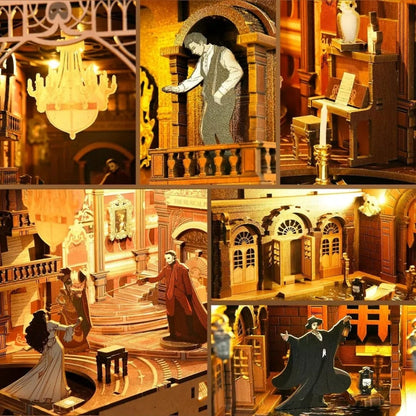 Book Nook- Phantom of the Opera, un kit créatif pour construire un diorama miniature. Parfait pour décorer une bibliothèque ou comme cadeau original pour un amoureux des livres. Par Nookette.