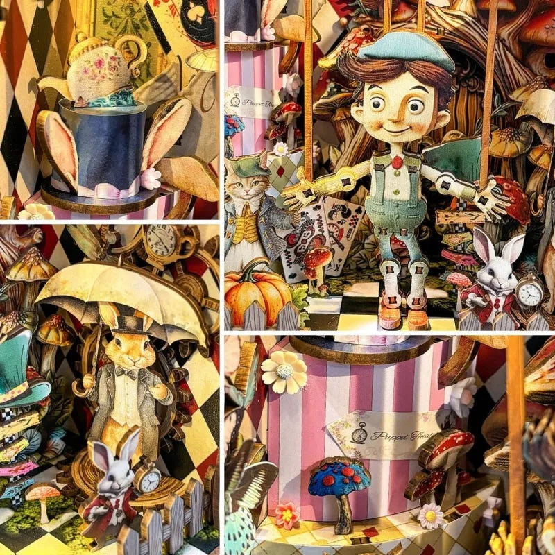 Book Nook - Puppet’s Adventure, un kit créatif pour construire un diorama miniature. Parfait pour décorer une bibliothèque ou comme cadeau original pour un amoureux des livres. Par Nookette.