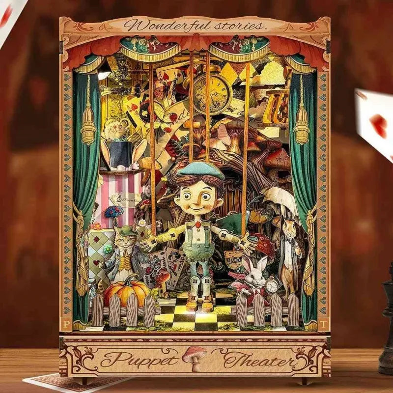 Book Nook - Puppet’s Adventure, un kit créatif pour construire un diorama miniature. Parfait pour décorer une bibliothèque ou comme cadeau original pour un amoureux des livres. Par Nookette.