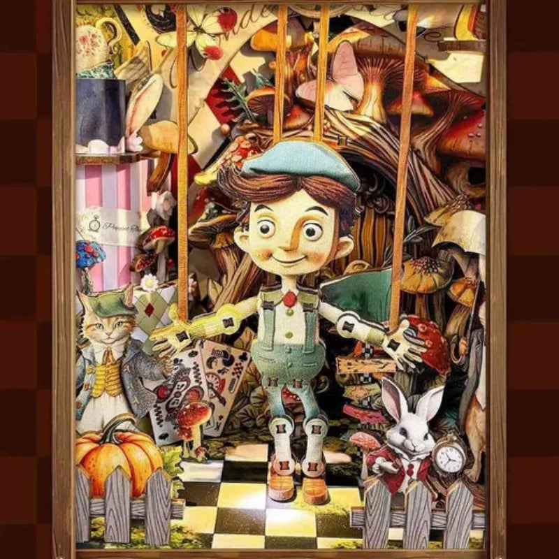 Book Nook - Puppet’s Adventure, un kit créatif pour construire un diorama miniature. Parfait pour décorer une bibliothèque ou comme cadeau original pour un amoureux des livres. Par Nookette.