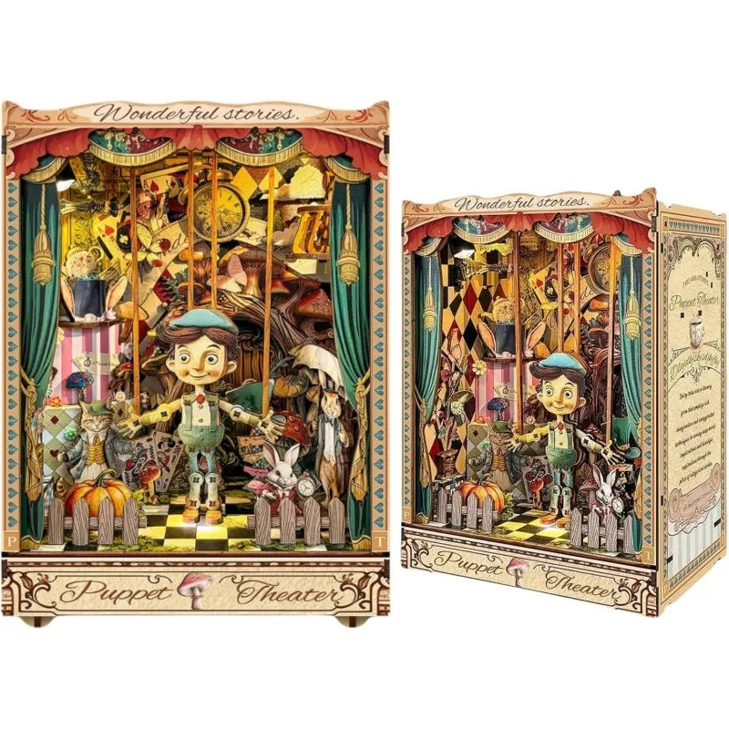 Book Nook - Puppet’s Adventure, un kit créatif pour construire un diorama miniature. Parfait pour décorer une bibliothèque ou comme cadeau original pour un amoureux des livres. Par Nookette.
