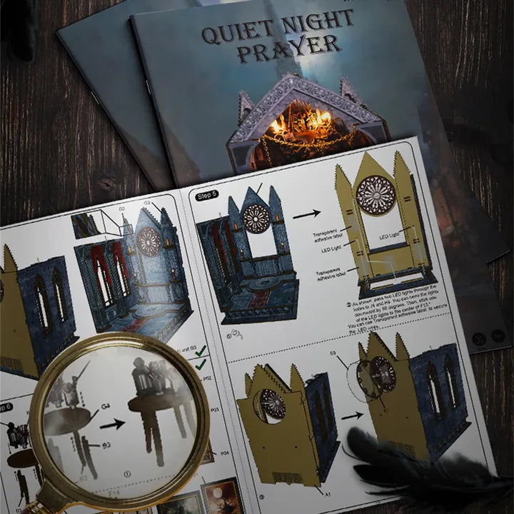 Book Nook | Quiet Night Prayer, un kit créatif pour construire un diorama miniature. Parfait pour décorer une bibliothèque ou comme cadeau original pour un amoureux des livres. Par Nookette.