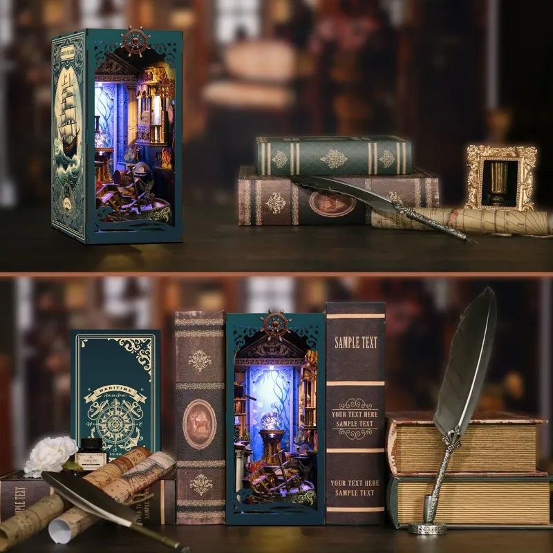 Book Nook - Riddle on the Seabed, un kit créatif pour construire un diorama miniature. Parfait pour décorer une bibliothèque ou comme cadeau original pour un amoureux des livres. Par Nookette.