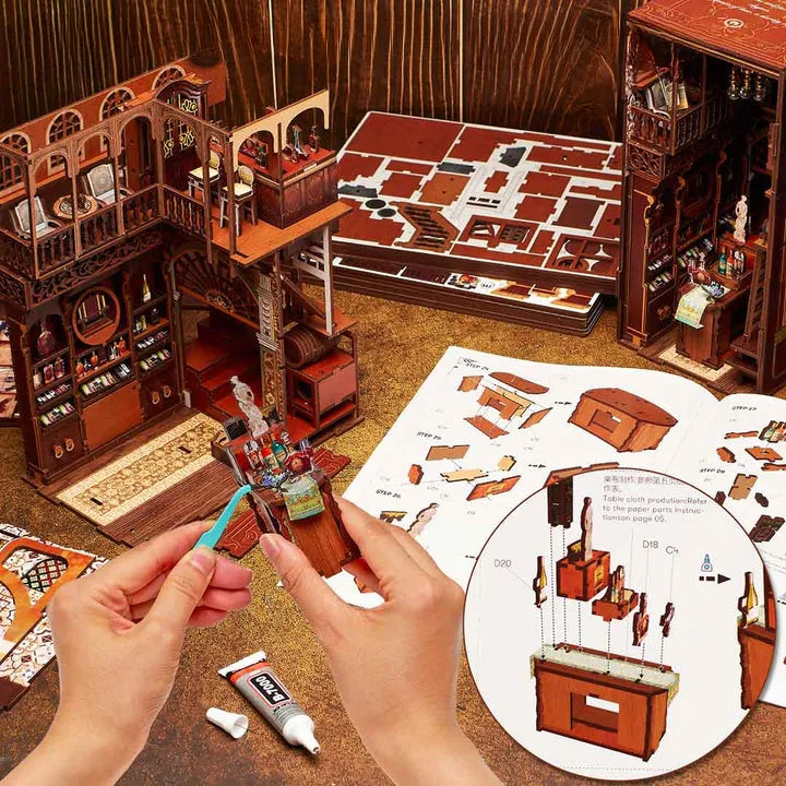 Book Nook - Roaring Twenties Speakeasy, un kit créatif pour construire un diorama miniature. Parfait pour décorer une bibliothèque ou comme cadeau original pour un amoureux des livres. Par Nookette.