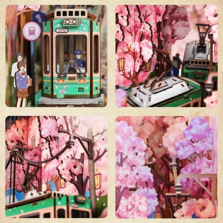 Book Nook - Sakura's Travel, un kit créatif pour construire un diorama miniature. Parfait pour décorer une bibliothèque ou comme cadeau original pour un amoureux des livres. Par Nookette.